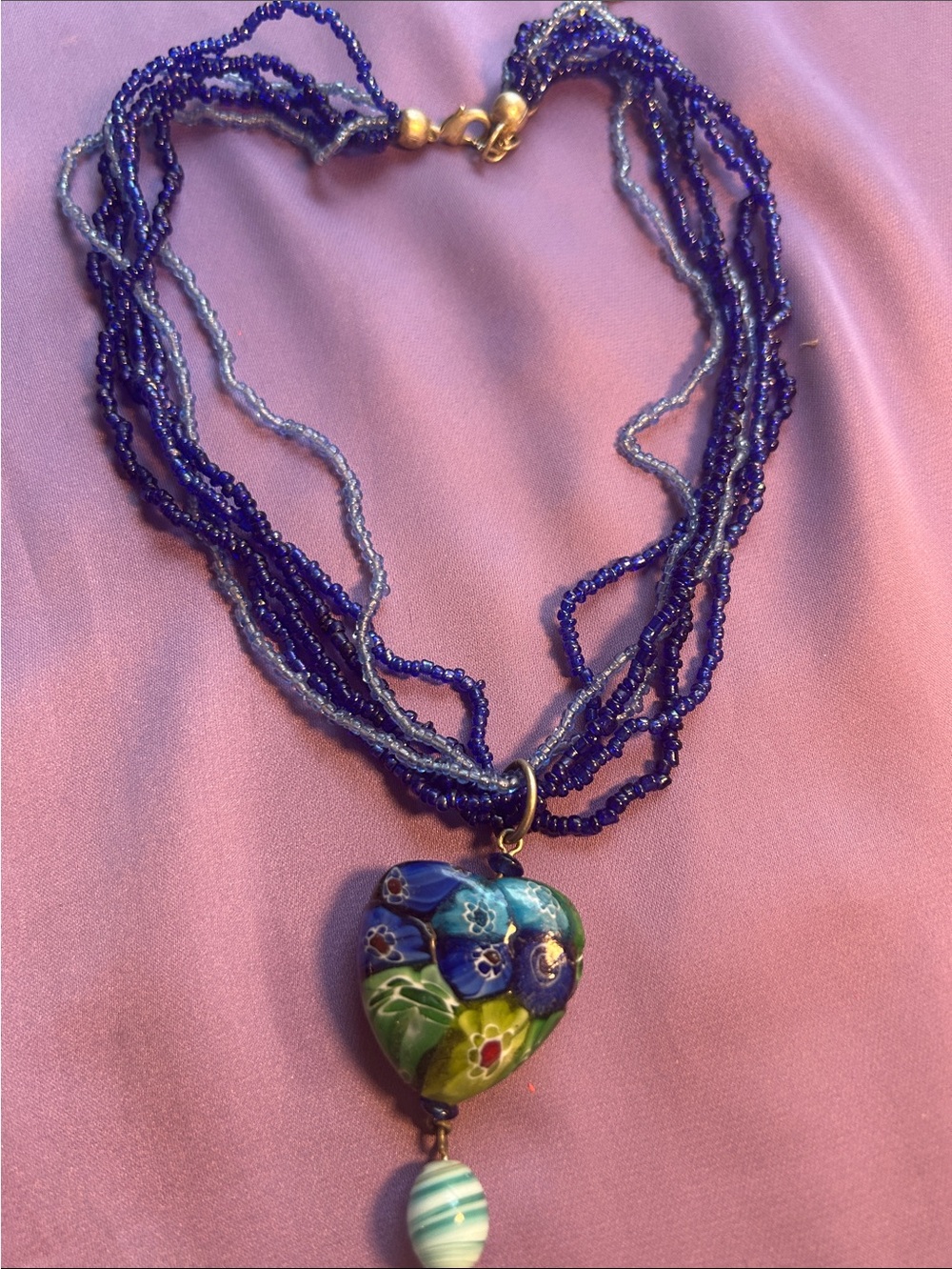 Handmade Blue & Green Heart Pendant Beaded Necklace
